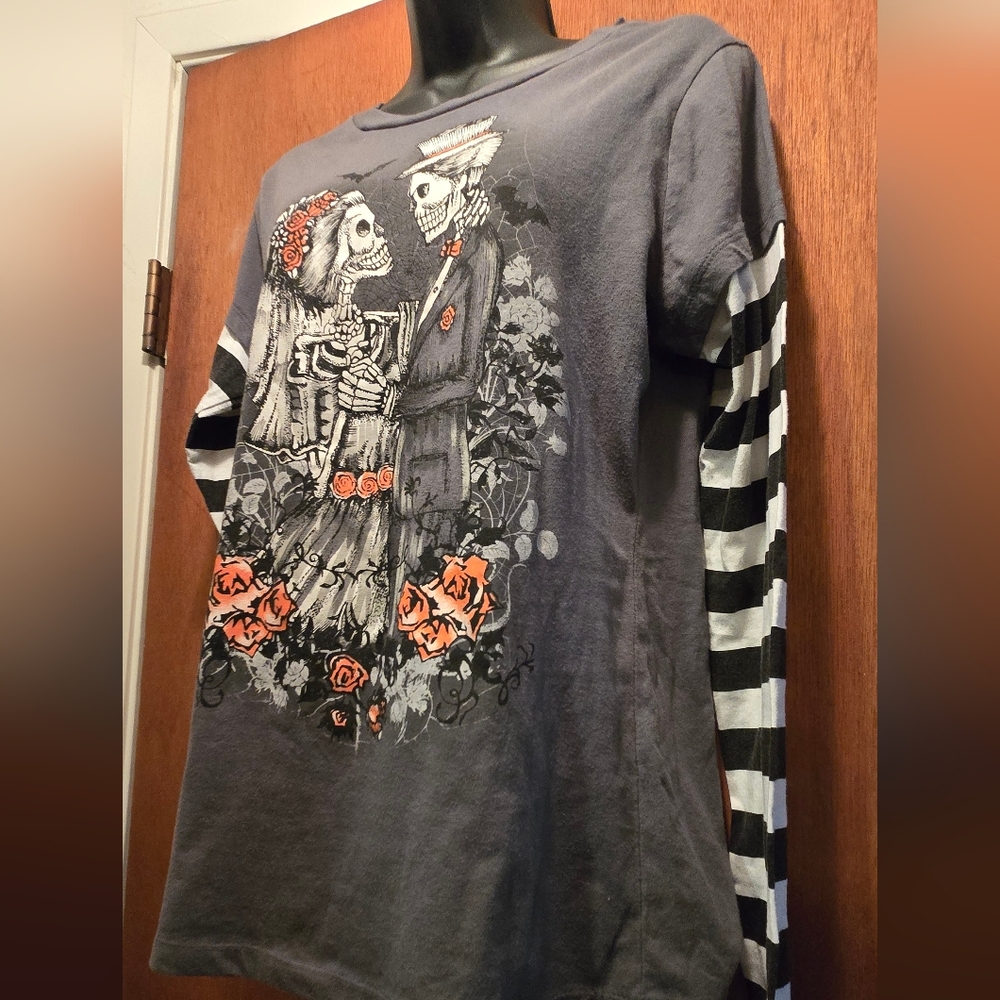 Halloween Skull Gray Wedding T-shirt Jrs SzXL - Picture 3 of 7